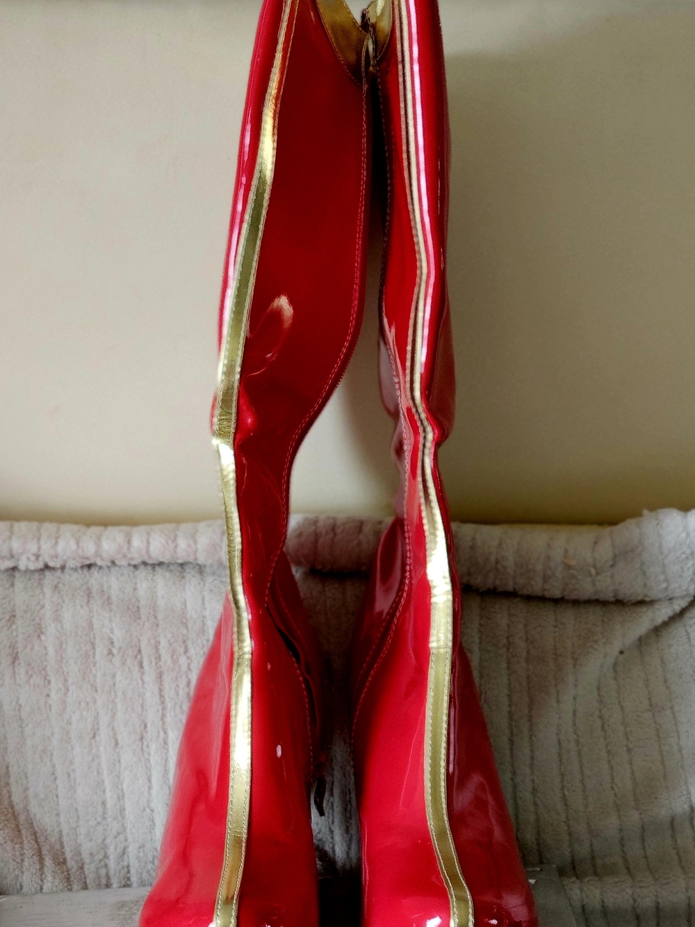 Women's Red Patent Knee-High Boots with Gold Trim